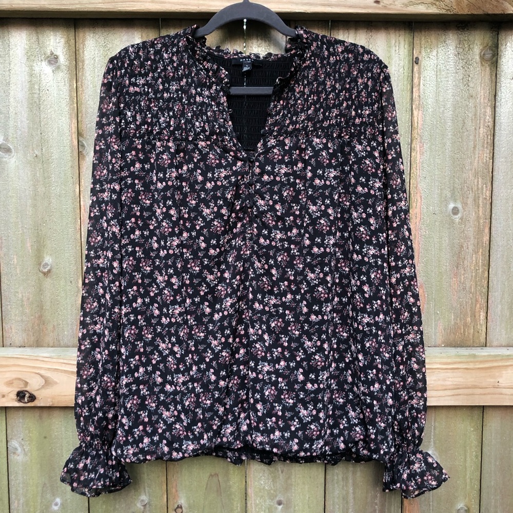 Haver London Floral Peasant Blouse Size 1X Black Pink Bishop Sleeve Smocked